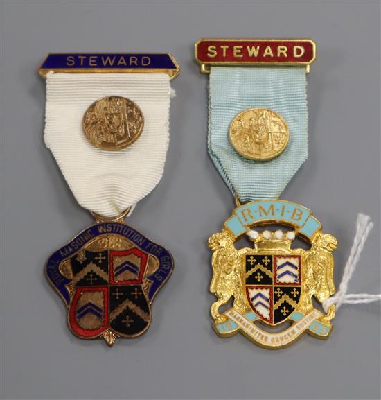 Two silver-gilt and enamel Masonic Stewards badges in Spencer & Co box